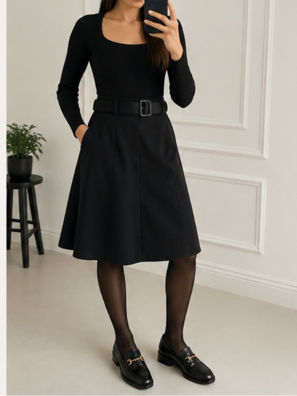 Theory Black A-Line Midi Skirt with Belt